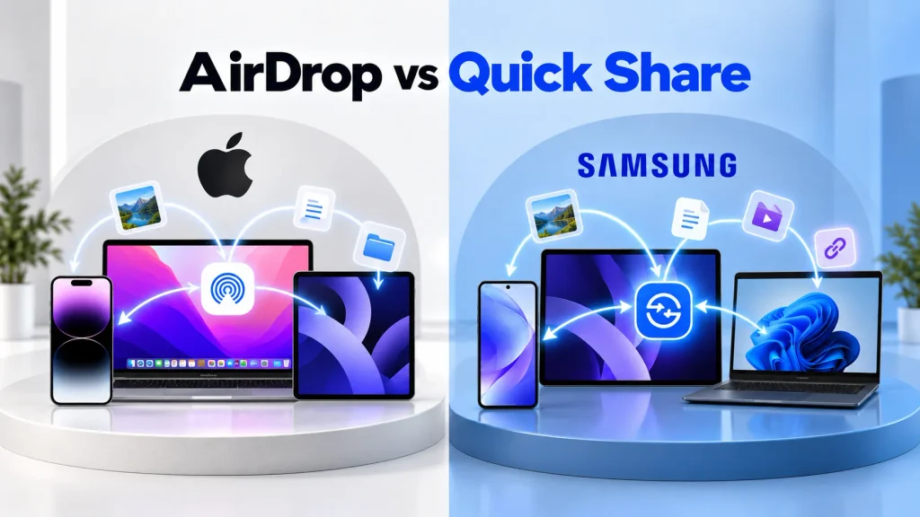 AirDrop and Quick Share transferring files between Apple, Galaxy and Windows devices