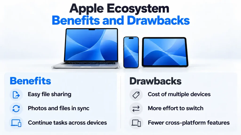 Apple ecosystem benefits and drawbacks including device integration and platform lock-in