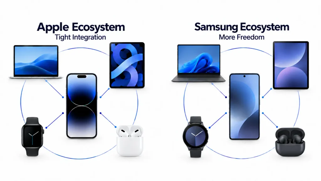 Apple and Samsung phones connected to laptops, tablets, watches, and earbuds in separate ecosystem diagrams