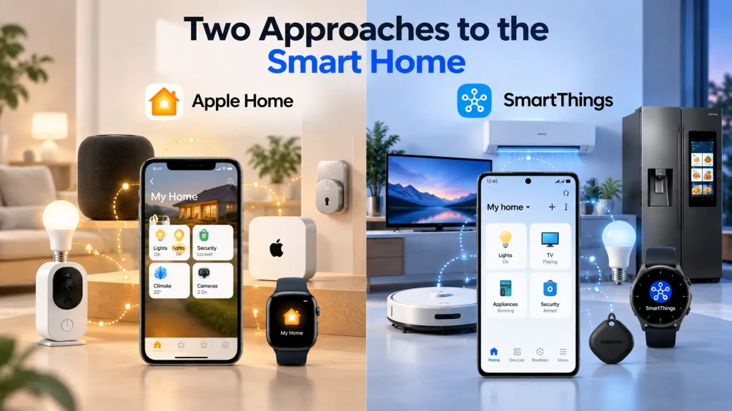 Apple Home and Samsung SmartThings connecting phones, smart home devices and appliances