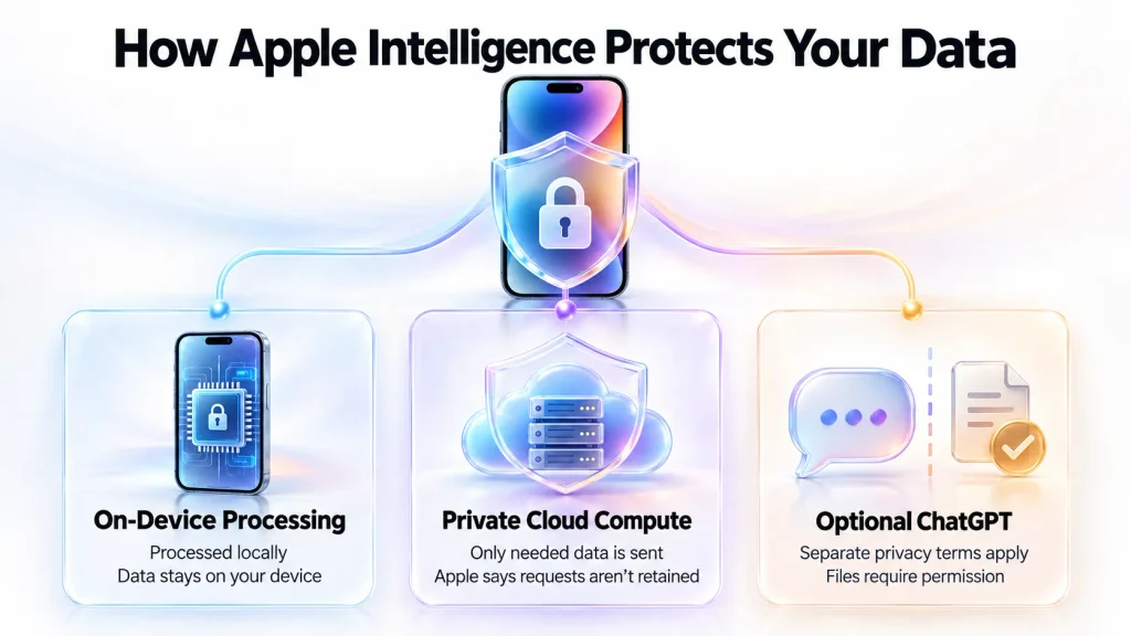 Apple Intelligence privacy through on-device processing, Private Cloud Compute and optional ChatGPT permissions