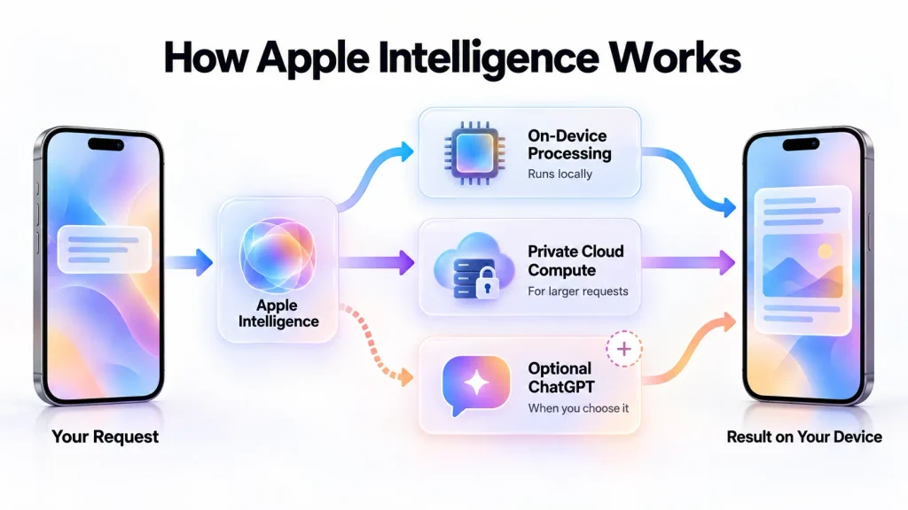 What is Apple Intelligence? Apple Intelligence processing requests on-device, through Private Cloud Compute or optional ChatGPT
