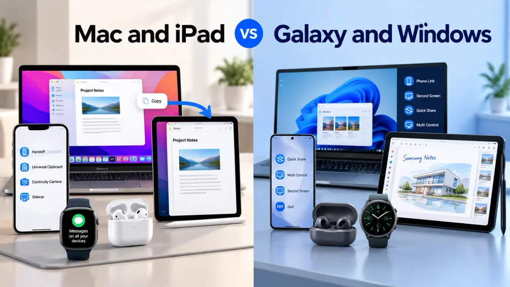 Mac and iPad productivity features compared with Galaxy devices and Windows PC integration