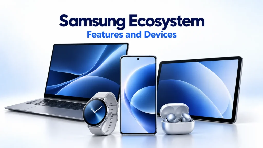 Samsung ecosystem connecting Galaxy phone, tablet, laptop, watch, earbuds, TV, and smart home devices