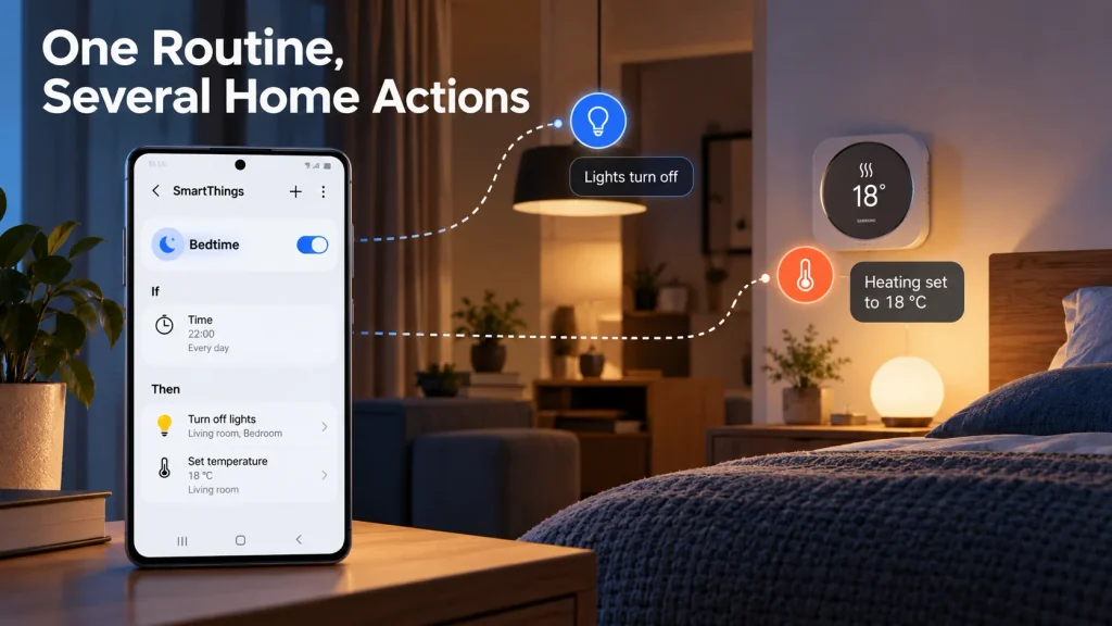 SmartThings bedtime routine turning off selected lights and lowering the heating temperature