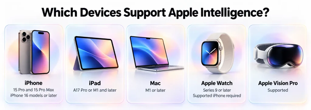 Devices supporting Apple Intelligence, including iPhone, iPad, Mac, Apple Watch and Apple Vision Pro
