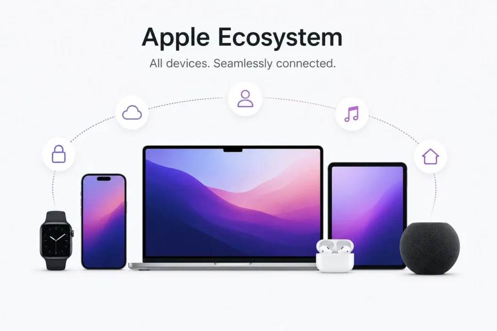 Apple ecosystem showing iPhone, Mac, iPad, Apple Watch, AirPods, and HomePod connected through seamless integration in 2026