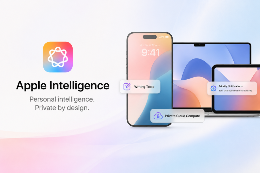 Apple Intelligence featured image showing AI features across iPhone, iPad, and Mac with a focus on privacy and productivity