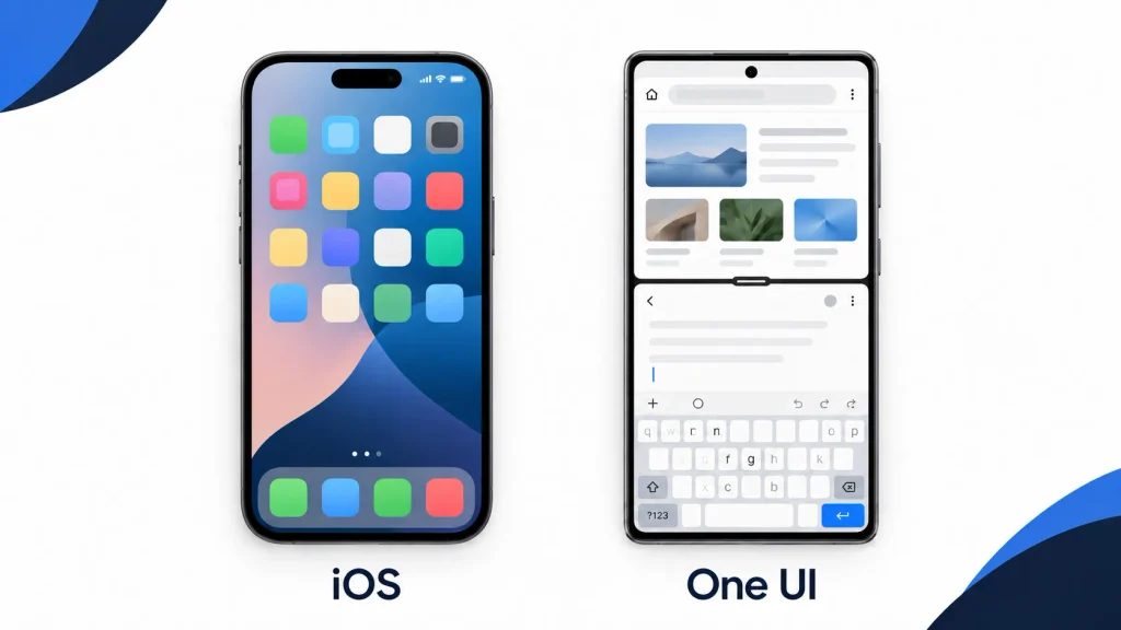 iOS home screen beside One UI showing two apps open on a Galaxy phone