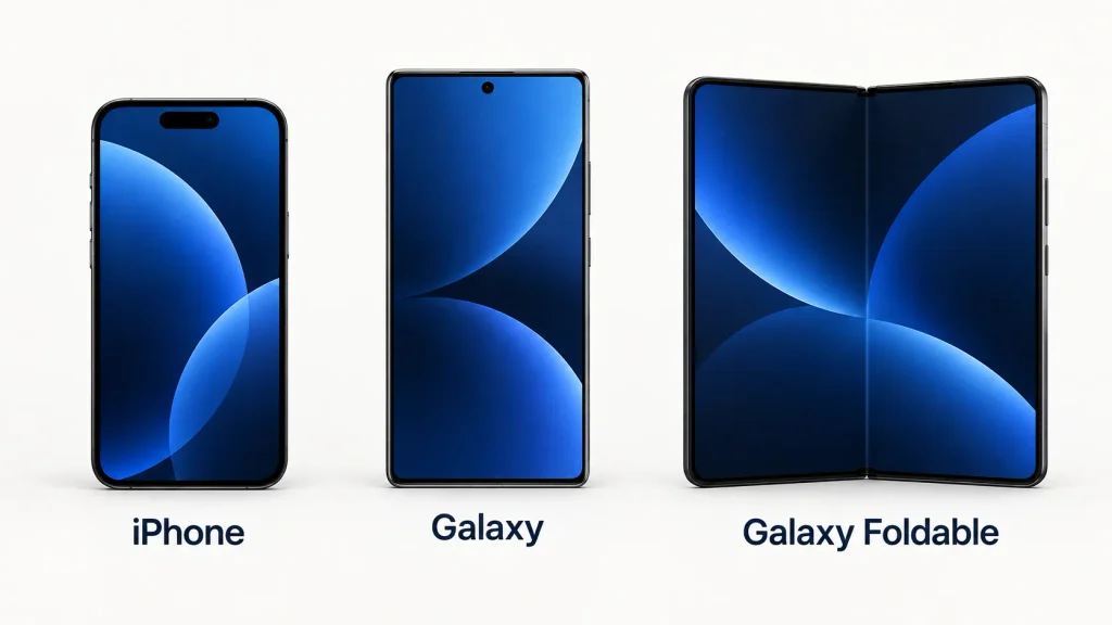iPhone, Galaxy phone, and Galaxy foldable shown side by side to compare their screen shapes