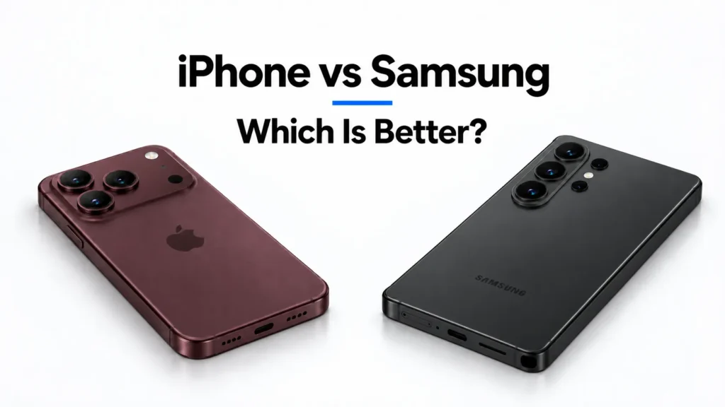 Apple iPhone and Samsung Galaxy phones shown side by side for an iPhone vs Samsung comparison
