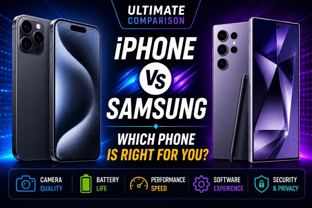 iPhone vs Samsung comparison showing differences in design, camera, performance, battery life, software, and ecosystem