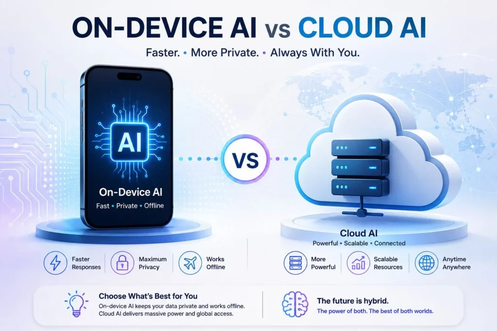 On-device AI vs cloud AI comparison infographic showing local processing, cloud servers, privacy advantages, faster response times, and offline AI capabilities