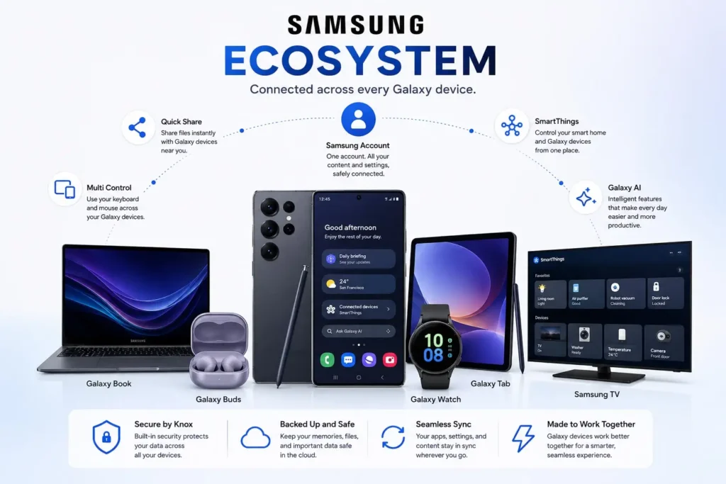 Samsung ecosystem connecting Galaxy phone, tablet, laptop, watch, and smart home devices
