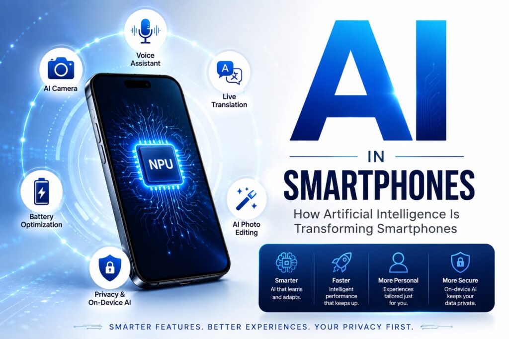 AI in smartphones with a modern phone showcasing intelligent features