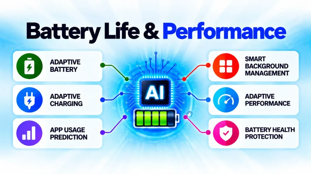 How AI improves smartphone battery life and performance through adaptive battery, charging, app prediction, background management, and battery health protection.