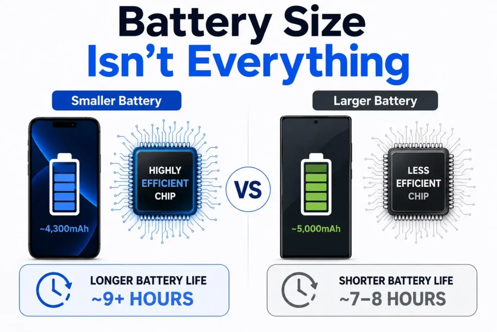 An infographic showing iPhone vs Samsung battery life is not determined by the size of the battery.