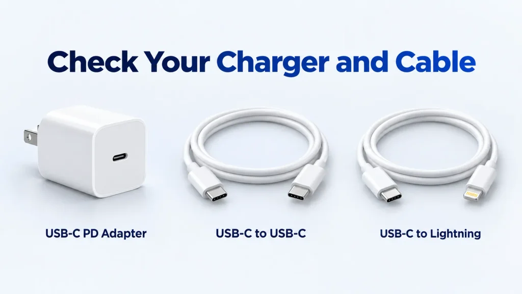 USB-C PD adapter, USB-C to USB-C cable, and USB-C to Lightning cable for fast charging an iPhone