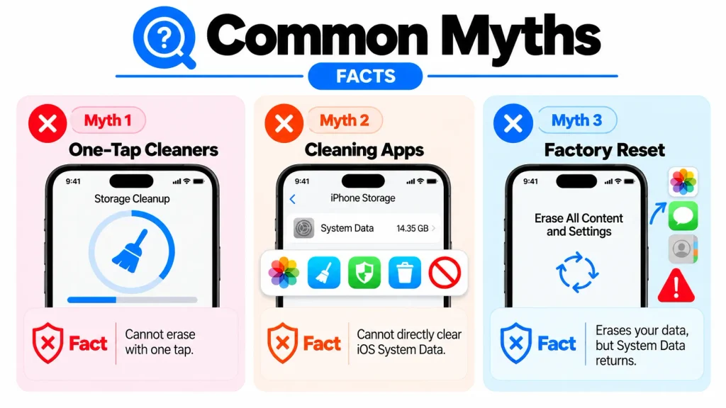 Common myths about clearing System Data on iPhone, including one-tap cleanup, cleaning apps, and factory reset misconceptions.