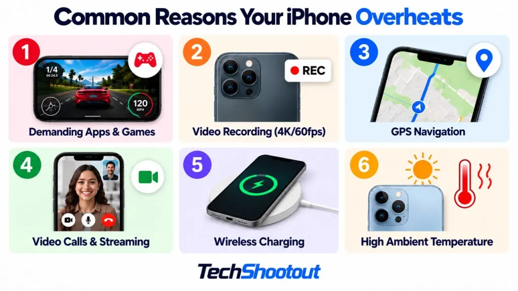 Common causes of iPhone overheating and running slow, including gaming, video recording, GPS navigation, video calls, wireless charging, and high temperatures.