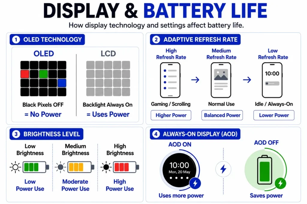 Infographic explaining how OLED displays, adaptive refresh rates, screen brightness, and Always-On Display affect smartphone battery life.