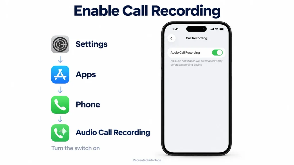 Recreated iPhone settings screen showing Audio Call Recording enabled under Settings, Apps, and Phone
