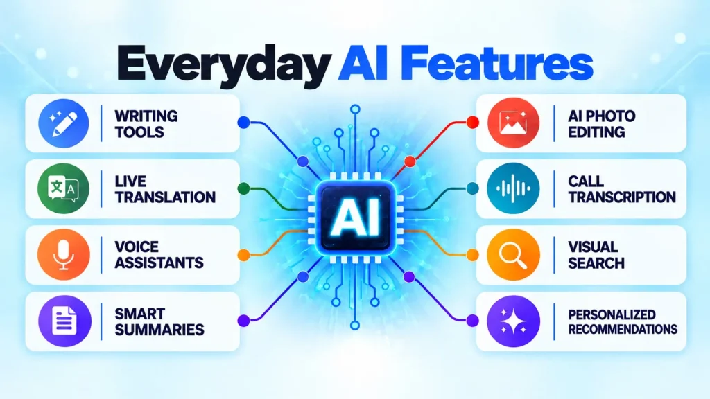 Everyday AI features in smartphones, including writing tools, translation, voice assistants, photo editing, transcription, visual search, summaries, and personalized recommendations.
