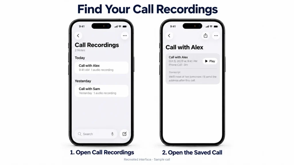 Recreated iPhone Notes interface showing the Call Recordings folder and a saved call with its transcript