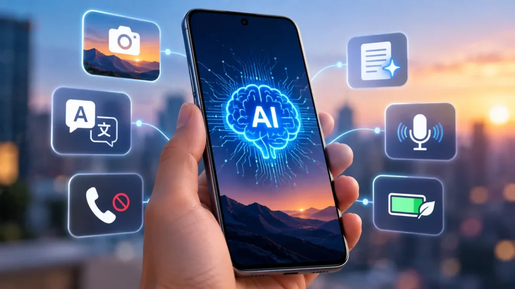 AI in smartphones showing a phone with AI features for photography, translation, voice assistance, security, and battery optimization