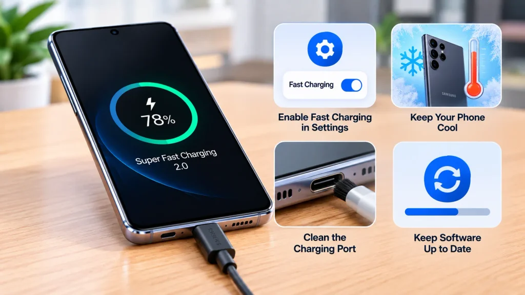 Samsung Galaxy fast charging troubleshooting showing charging settings, phone temperature, charging port cleaning, and software updates