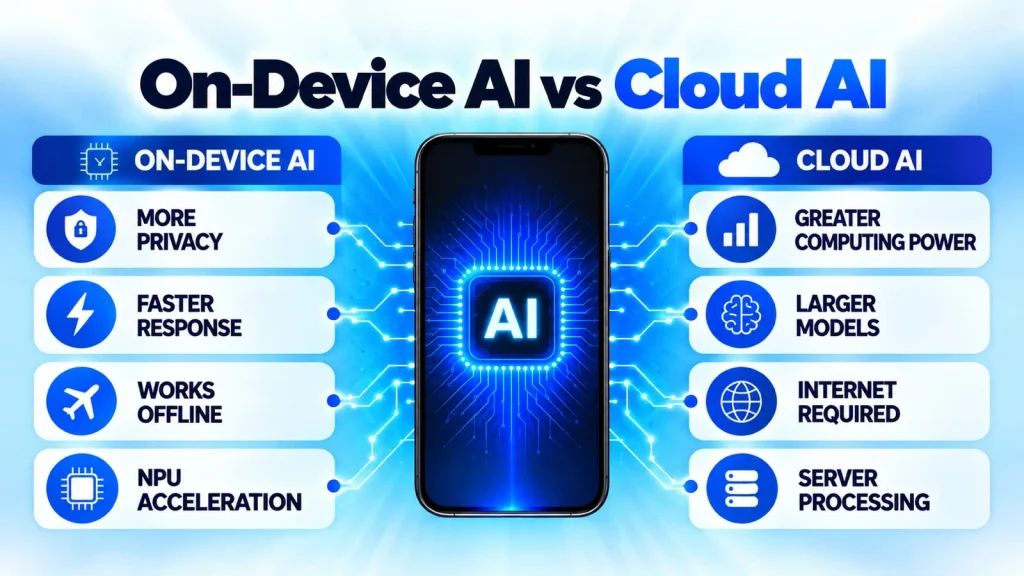 On-device AI vs cloud AI comparison showing differences in privacy, speed, offline use, processing power, and AI model capabilities.