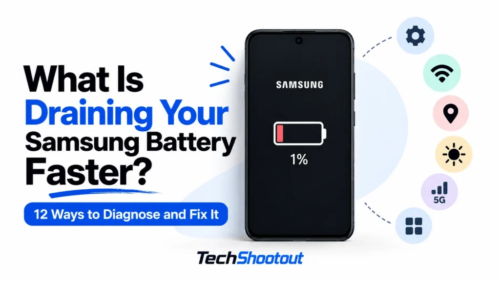 Samsung phone showing 1% battery with icons highlighting common causes of fast battery drain and 12 ways to diagnose and fix it.