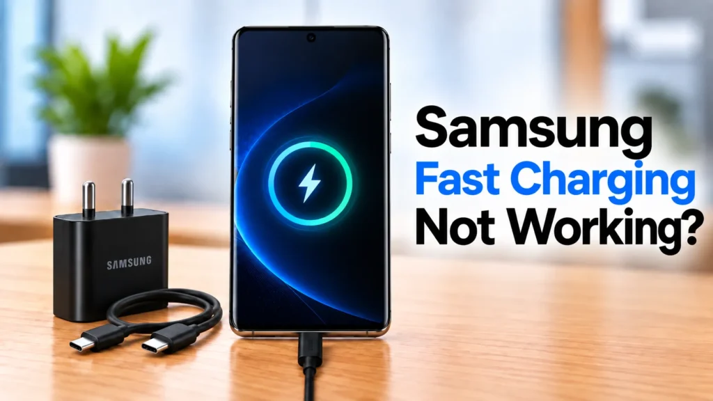 Samsung Galaxy phone with fast charging symbol beside a charger and USB-C cable, highlighting Samsung fast charging not working
