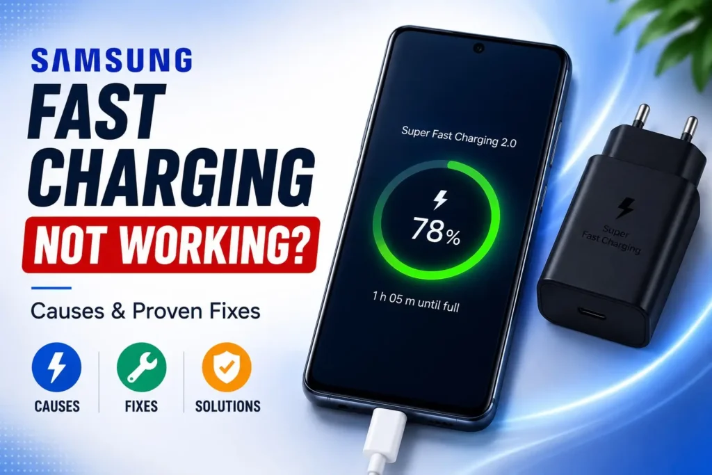 Illustration of Samsung fast charging not working showing a Galaxy phone, charger, and common troubleshooting fixes
