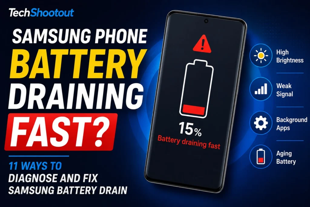 Featured image showing the common causes of Samsung Battery Draining Fast and practical ways to improve battery life.