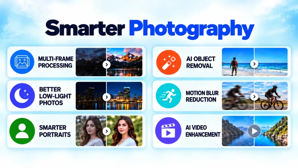 How AI improves smartphone photography with multi-frame processing, low-light enhancement, smarter portraits, object removal, blur reduction, and video enhancement.