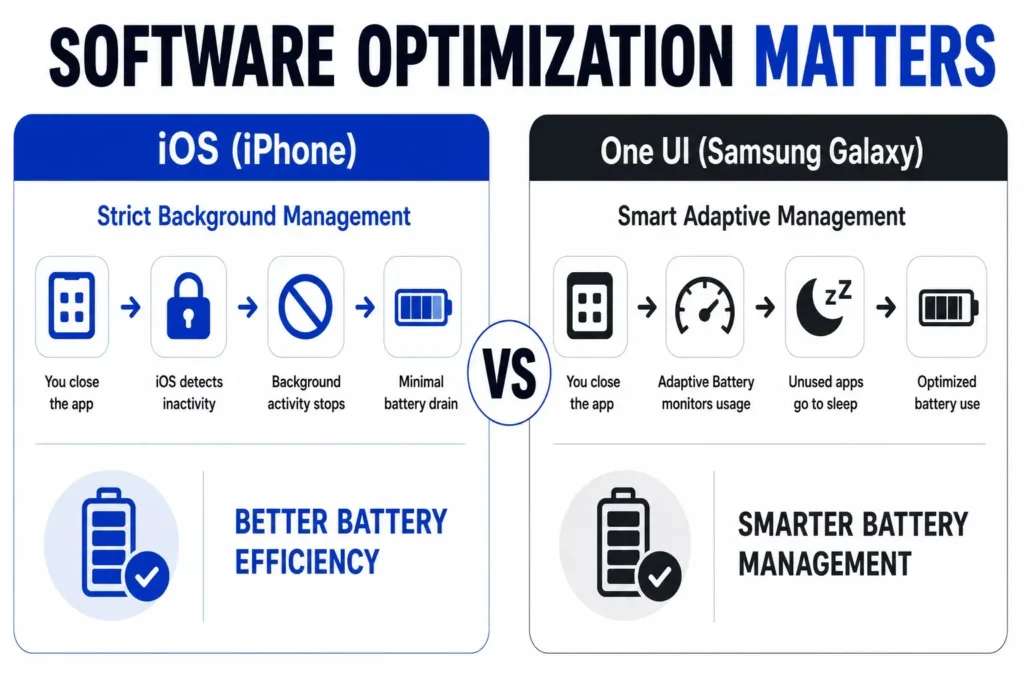 Flowchart of iPhone vs Samsung battery life comparing iOS and Samsung One UI background app management and battery optimization features.