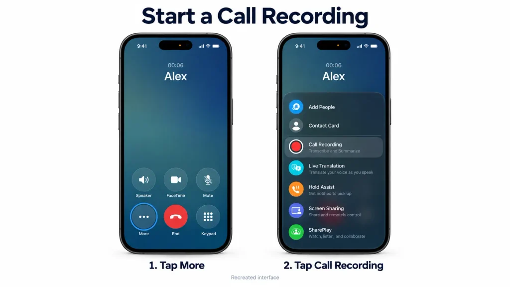 Steps to start recording an iPhone call by tapping More and selecting Call Recording