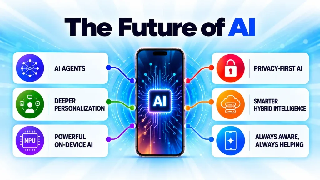 The future of AI smartphones featuring AI agents, deeper personalization, on-device AI, privacy-first AI, hybrid intelligence, and proactive assistance.