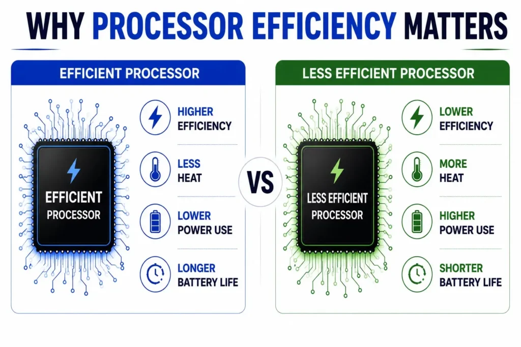 Infographic showing how a smaller, more efficient battery can deliver similar battery life to a larger battery through better chip and software optimisation.