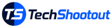 TechShootOut logo featuring a modern TS monogram in blue and black with the brand name.