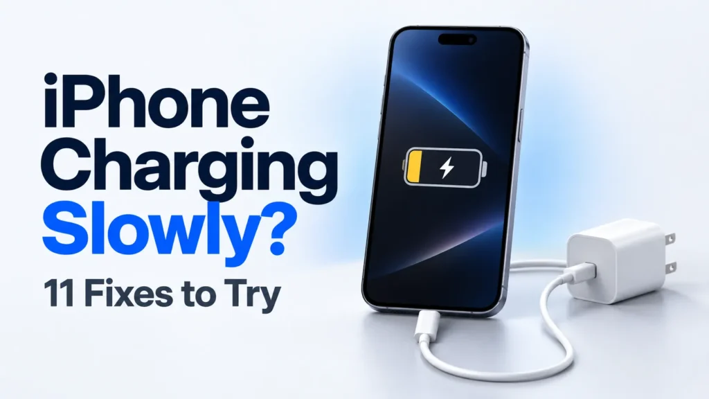 iPhone connected to a USB-C charger with a low-battery symbol and the text “iPhone Charging Slowly? 11 Fixes to Try
