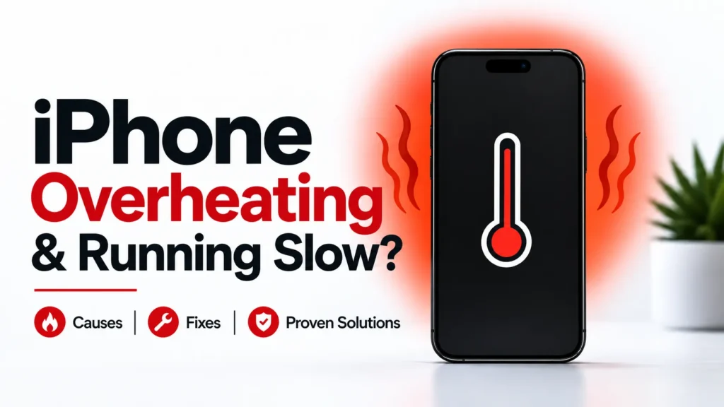 iPhone overheating and running slow with a red thermometer icon, highlighting causes, fixes, and proven solutions