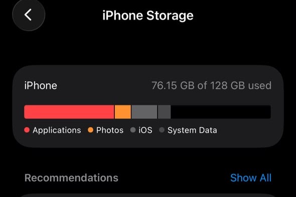 iPhone Storage screen showing how storage is divided between apps, photos, iOS, and System Data.
