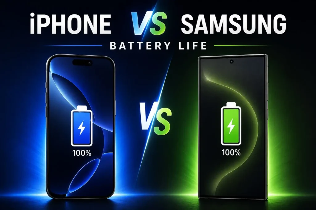 Illustration comparing iPhone vs Samsung Galaxy battery life, charging speed, efficiency, and long-term battery health.