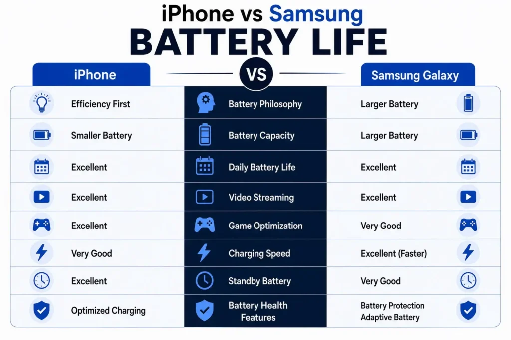 Infographic showing how web browsing, gaming, video streaming, GPS, camera use, and video calls affect smartphone battery life.