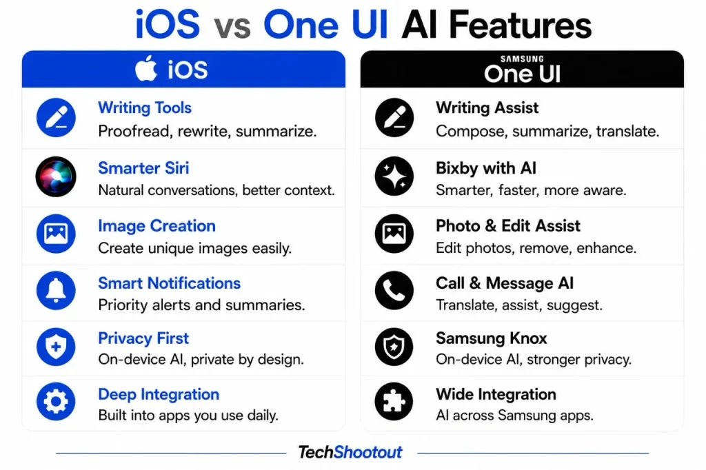 Infographic of iOS vs One UI AI Features