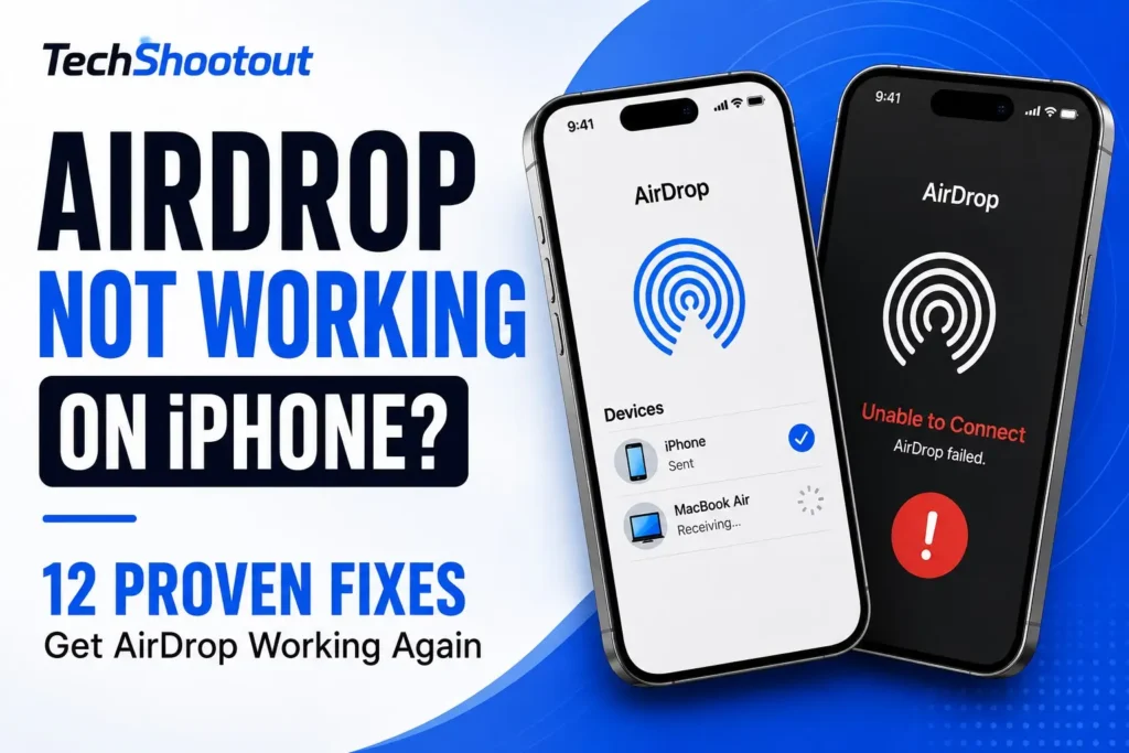 Illustration showing AirDrop not working on iPhone troubleshooting guide