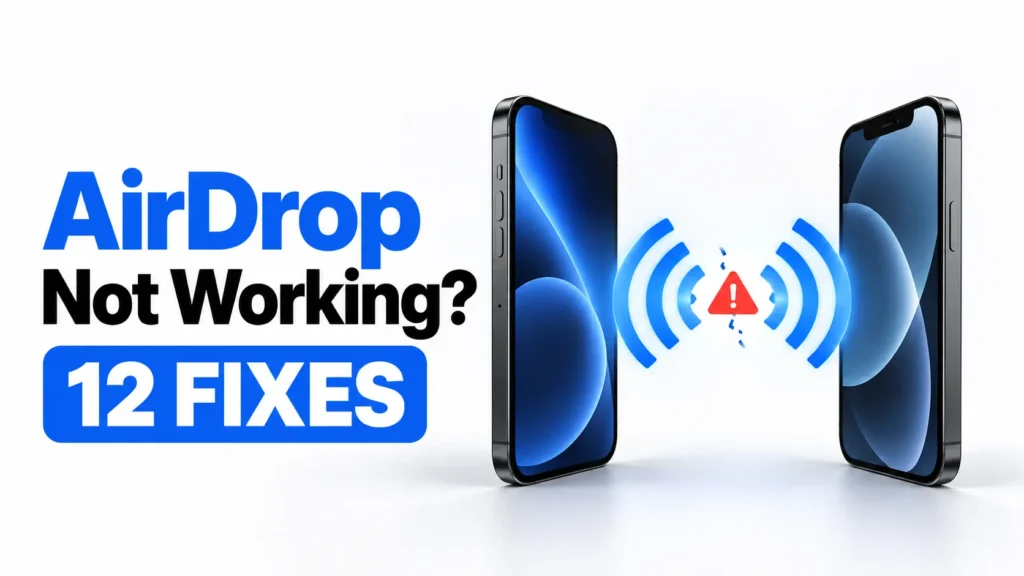 Two iPhones with a broken AirDrop connection and a warning symbol