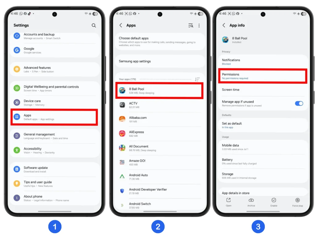 Open Samsung Settings, select an app, and tap Permissions to review its access.